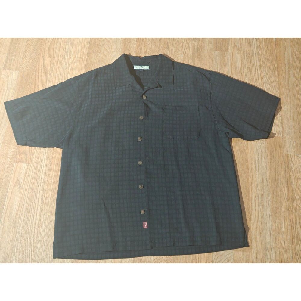 Tommy Bahama Mens Large Silk Shirt Black Embroidered Island Rider Camp Polo